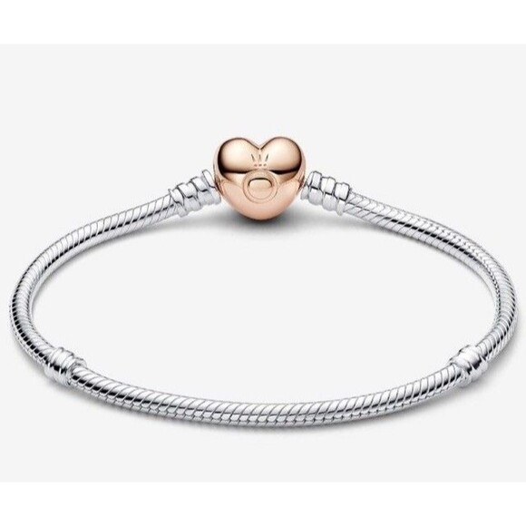 Pandora Moments Heart Snake Chain Bracelet Sterling silver 14k rose gold 18cm - Picture 3 of 6
